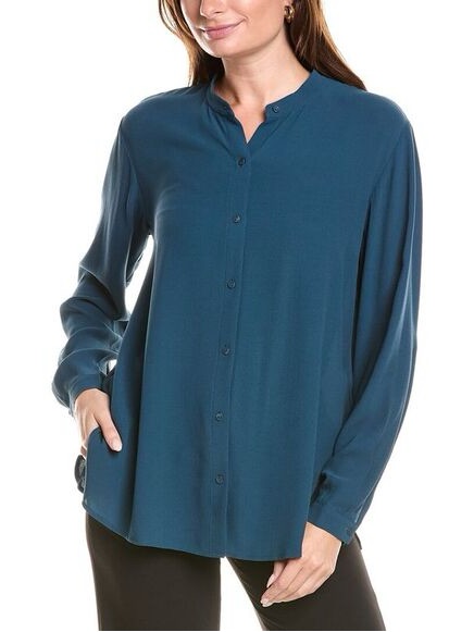 Eileen Fisher 100% Silk Georgette Crepe Band Collar Shirt Blouse In Dark Teal